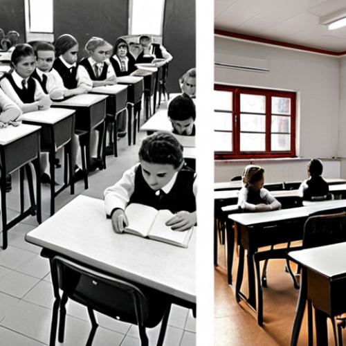 **

A split image showcasing the transformation of Albanian education. On one side, a black-and-white image depicting a traditional classroom with rigid desks and a stern teacher. On the other, a vibrant color image showcasing a modern, flexible learning environment with students actively participating and a teacher facilitating. This captures the shift from the Soviet model to a more modern, EU-aligned system.
