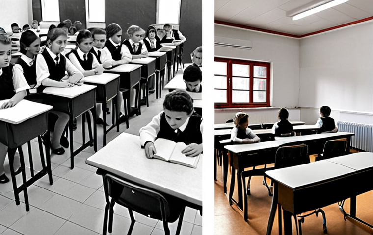 **

A split image showcasing the transformation of Albanian education. On one side, a black-and-white image depicting a traditional classroom with rigid desks and a stern teacher. On the other, a vibrant color image showcasing a modern, flexible learning environment with students actively participating and a teacher facilitating. This captures the shift from the Soviet model to a more modern, EU-aligned system.